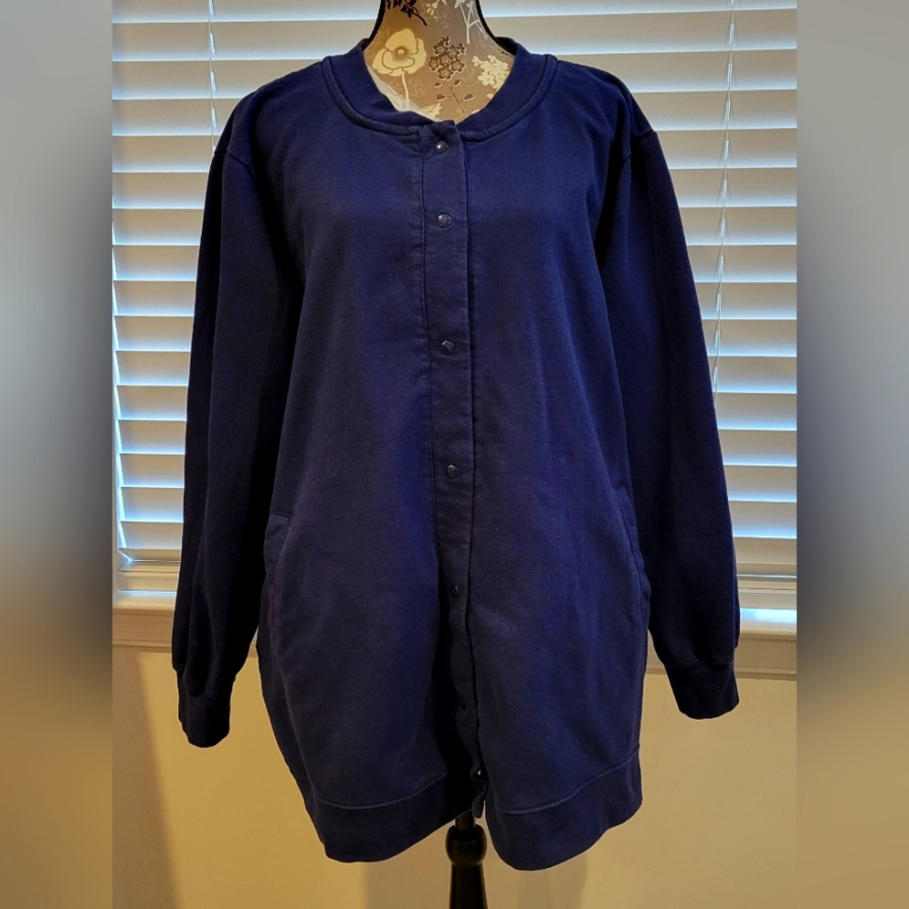 Woman Within Navy Blue Fleece Baseball Jacket